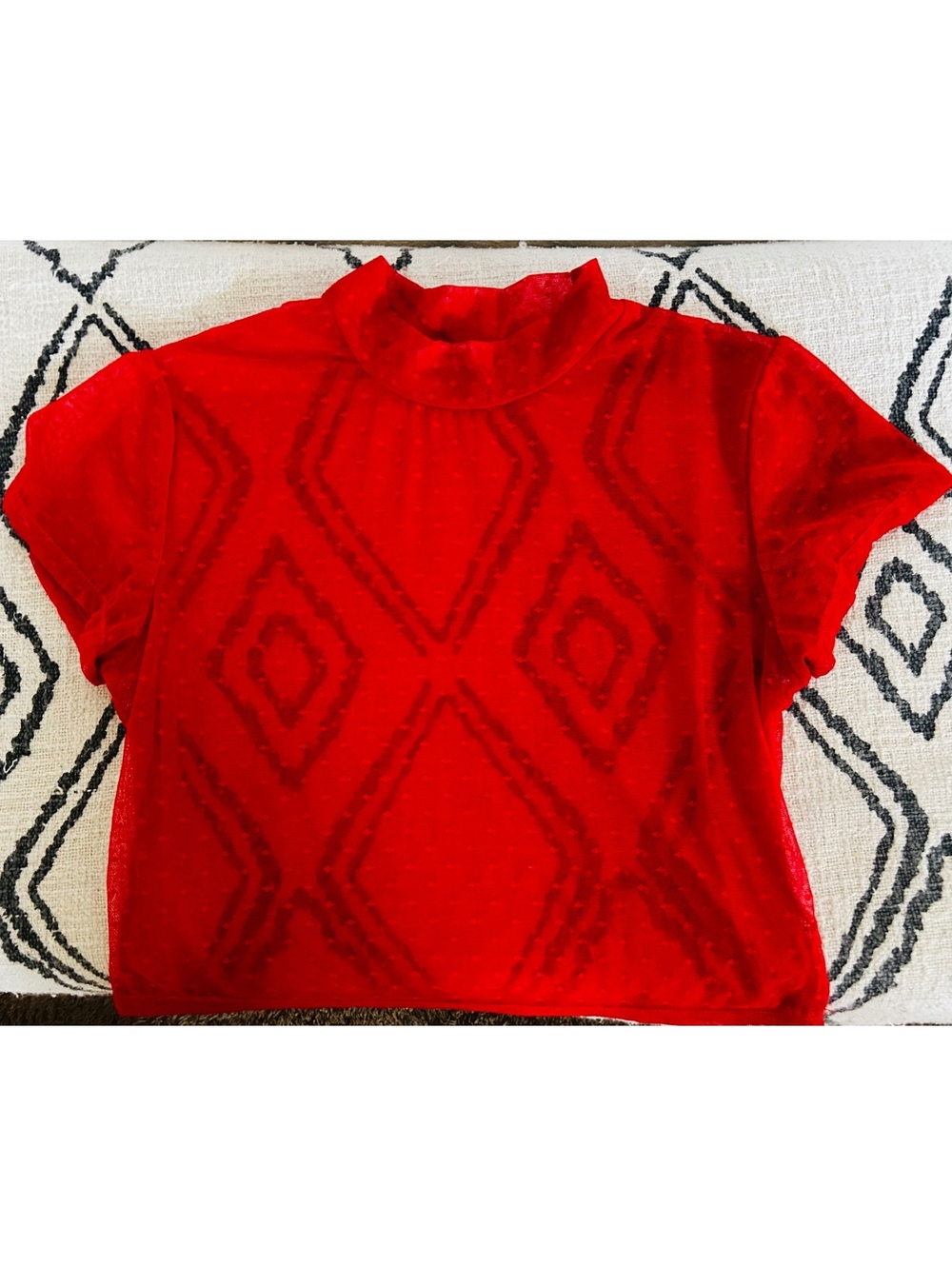 Cotton On Red Swiss Dot Mock Neck Short Sleeve Top S